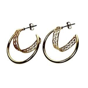 Hoop Earrings Gold Tone Swoop Cutout Spiral Unique Artistic Swirl Filigree Post